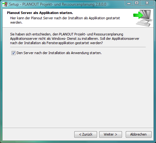 Server als Applikation nach der Installation starten