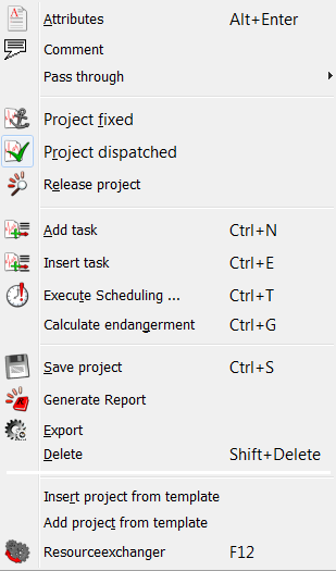 The context menu of projects