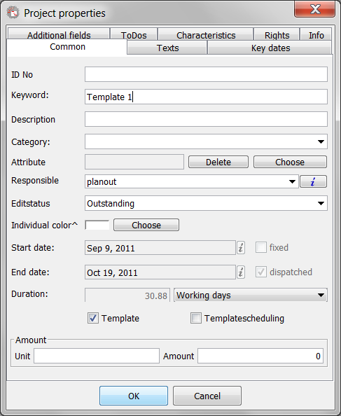 A project properties dialog of a project template