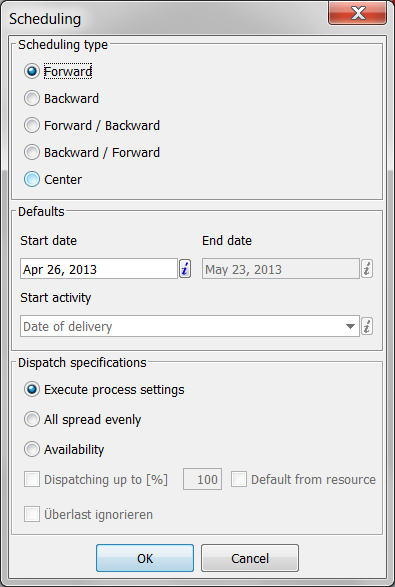 The scheduling dialog after project creation