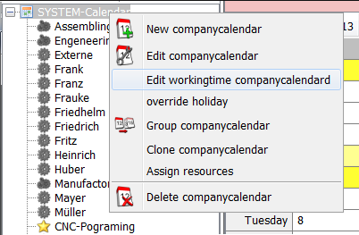 Edit Working time in the company calendar