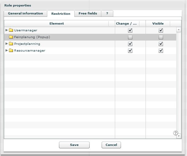 The User roles properties - Restrictions